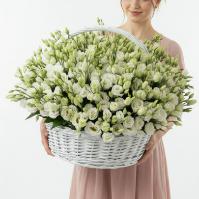 101 Белая Эустома в корзине фото