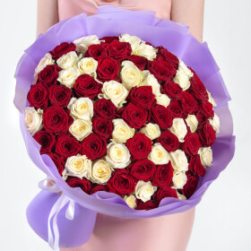 101 Белая и Красная Роза (40 см.) фото