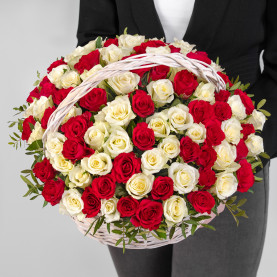 101 Красно-Белая Роза (30-40 см.) в корзине фото