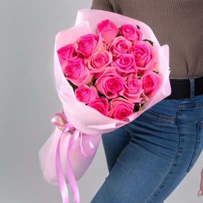15 Ярко-Розовых Роз (70 см.) фото