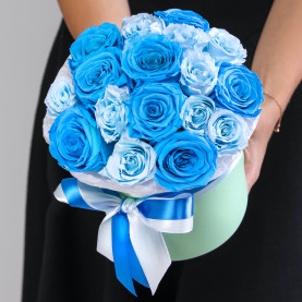 17 Сине-Голубых Роз в коробке стабилизированная фото