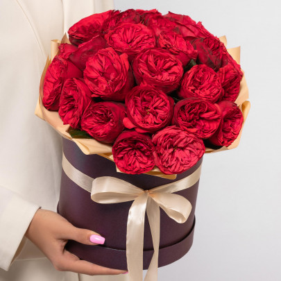 25 Пионовидных Красных Роз (40 см.) в коробке фото