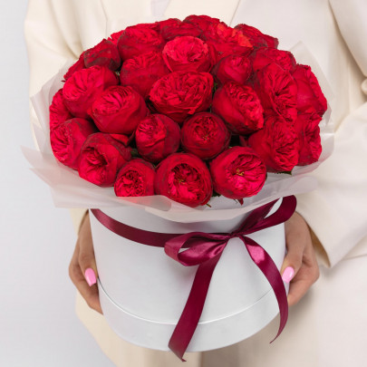 35 Пионовидных Красных Роз (40 см.) в коробке фото