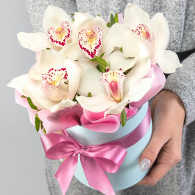 5 Белых Орхидей в коробке фото