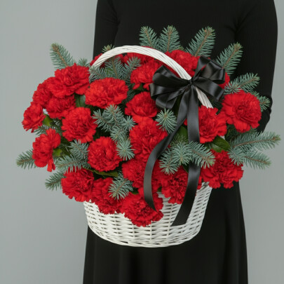 Траурная Композиция из Красных Гвоздик и Нобилиса в корзине фото