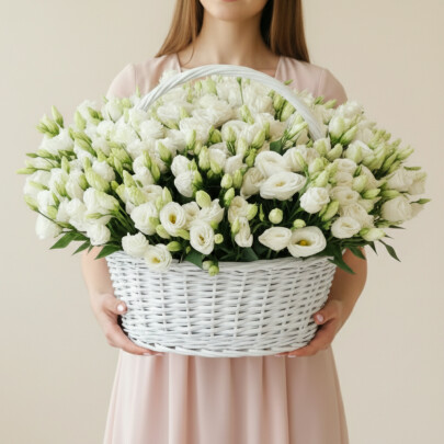 51 Белая Эустома в корзине фото