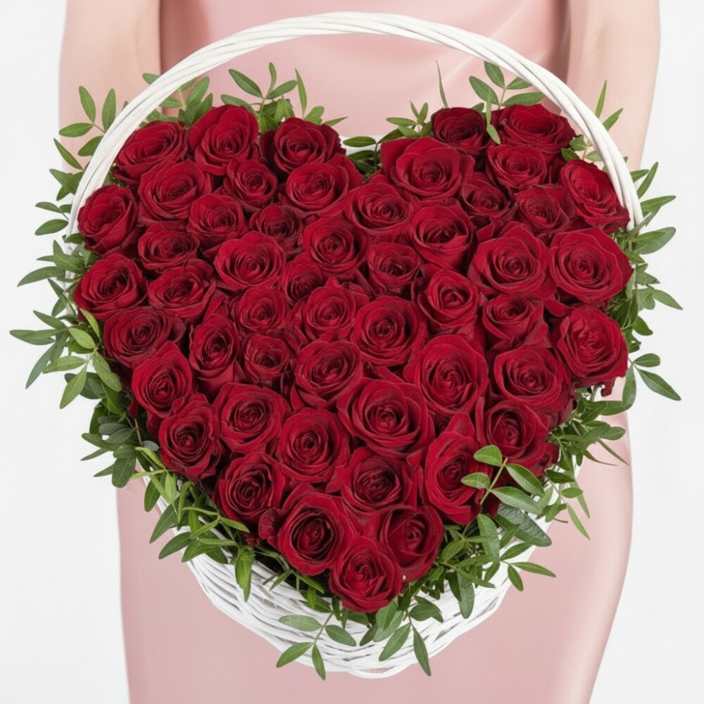 51 Красная Роза в корзине сердце фото
