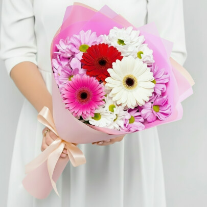 Букет "Хризантемы Кустовые и Герберы Микс" фото