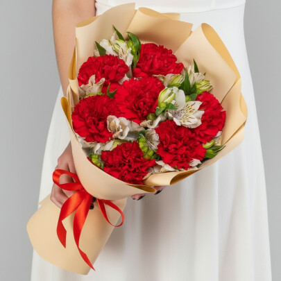 Букет "Альстромерии Белые и Гвоздики Красные" фото