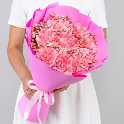Букет "Гвоздика Розовая и Гипсофилы Розовые" фото