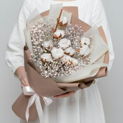 Букет "Хлопок Белый и Розовая Гипсофила" сухоцвет фото