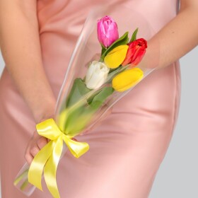 5 Разноцветных Тюльпанов Микс в прозрачной пленке под ленту (Корпоративный)