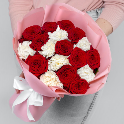 Букет "Красная Роза и Гвоздика Белая" фото
