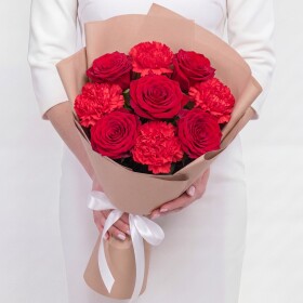 Букет "Красная Роза и Гвоздика Красная" мини фото