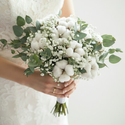 Букет невесты "Хлопок, Гипсофила и Эвкалипт" фото