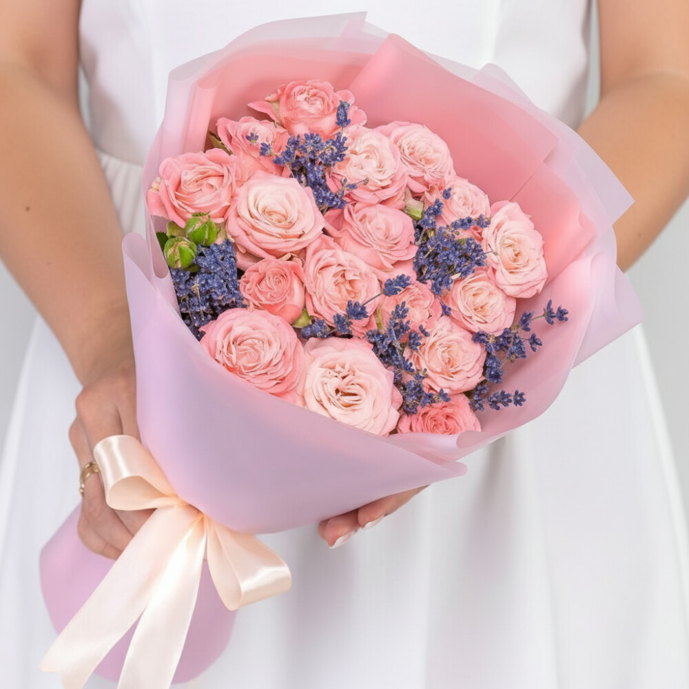 Букет "Роза Корал Йо Йо и Лаванда" фото