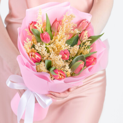 Букет "Тюльпан Колумбус и Лимониум" фото