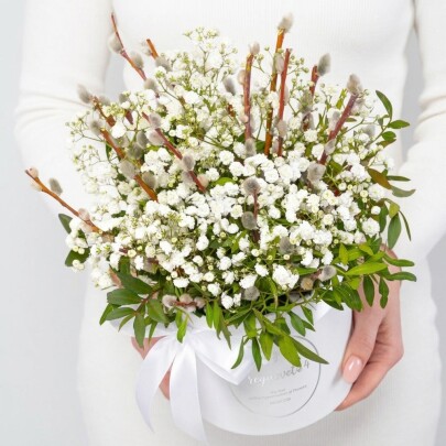 Букет "Верба и Белая Гипсофила" в коробке фото