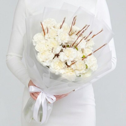 Букет "Верба и Гвоздика Белая" фото