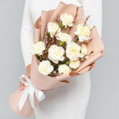 Букет "Верба и Гвоздика Белая" мини фото