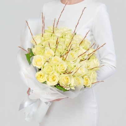 Букет "Верба и Роза Белая" фото