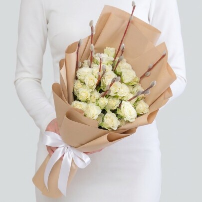 Букет "Верба и Роза Сноуфлейк" мини фото