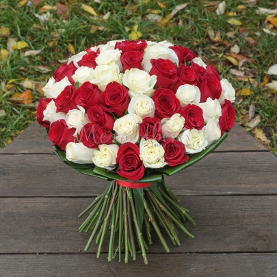 55 Белых и Красных Роз (50 см.) фото