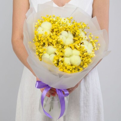Букет "Гипсофила и Желтый Хлопок" сухоцвет фото