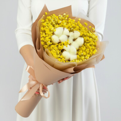 Букет "Гипсофила и Желтый Хлопок" мини сухоцвет фото