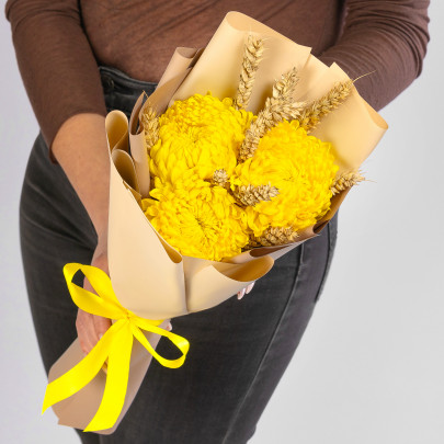 Букет "Хризантема Желтая и Пшеница" фото