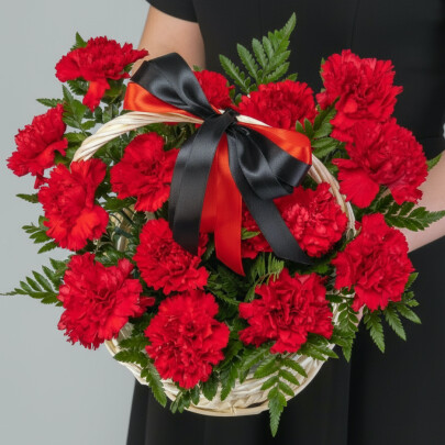 Траурная композиция "Красные Гвоздики" в корзине фото