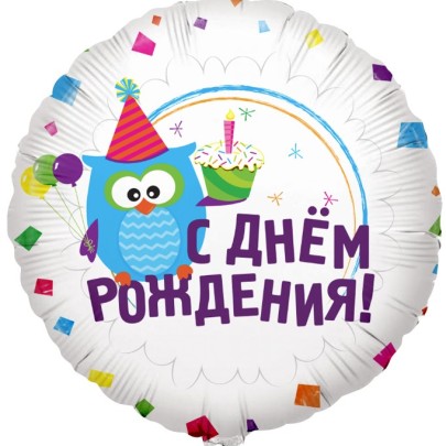 Шар (18/46 см.) "Круг, С Днем Рождения, Сова" (фольга/гелий) фото
