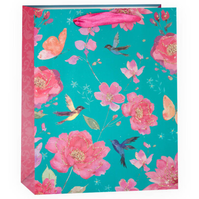 Пакет "Розовые цветы и колибри" 32*26*12 см. фото