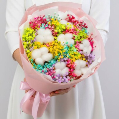 Букет "Радужная Гипсофила и Хлопок" сухоцвет фото