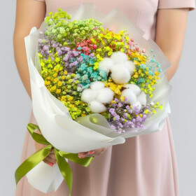 Букет "Радужная Гипсофила и Хлопок" мини сухоцвет фото