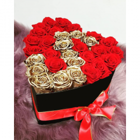 35 Красных и Золотых Роз (40 см.) в коробке сердце инь-янь фото