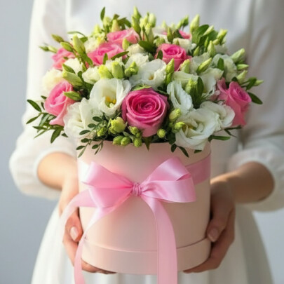 Букет "Белые Эустомы и Розы" в коробке фото