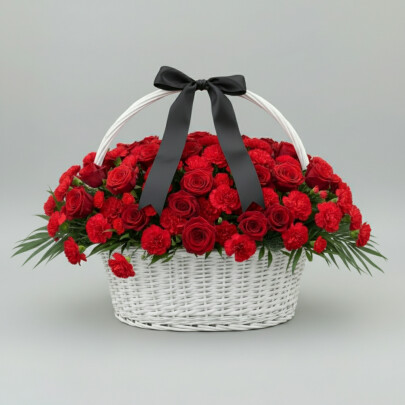 Траурная Композиция из 50 Красных Гвоздик и 50 Красных Роз в корзине фото