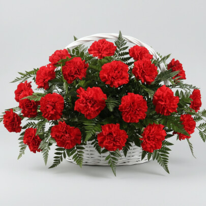 Траурная Композиция из Гвоздики Красной и папоротника в корзине фото