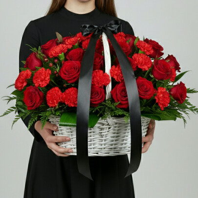 Траурная Композиция из Красной Розы и Красной Гвоздики в корзине фото