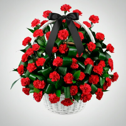 Траурная Композиция из 50 Красных Гвоздик и Аспидистры фото