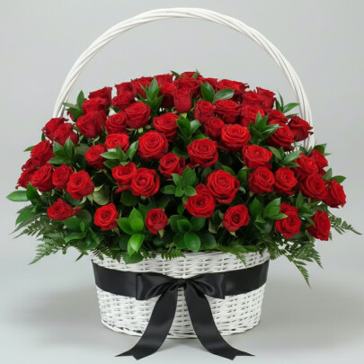 Траурная Композиция из 60 Красных Роз и Рускуса в корзине фото