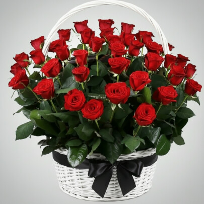 Траурная Композиция из 30 Красных Роз в корзине фото