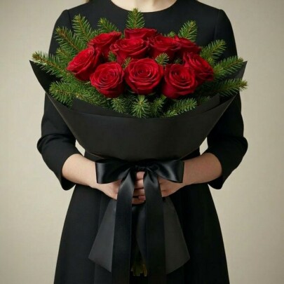 Траурный Букет из Веток Нобилиса и Красной Розы фото