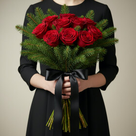 Траурный Букет из Веток Нобилиса и Красной Розы фото