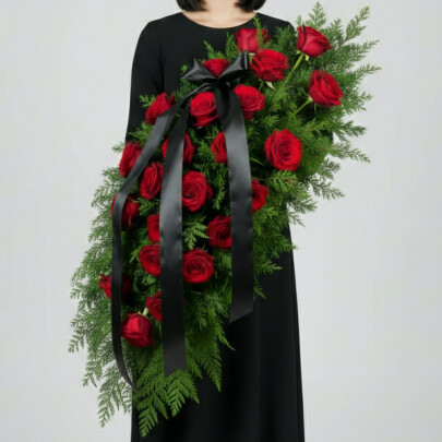 Траурная Композиция "Красная Роза и Папоротник" фото