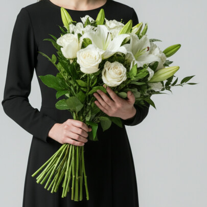 Траурный букет из Лилии Белой и Розы Белой фото