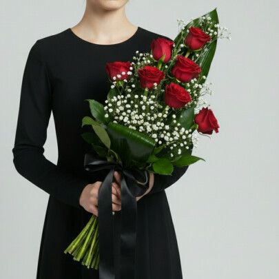 Траурный Букет из Красной Розы, Белой Гипсофилы и Аспидистры фото